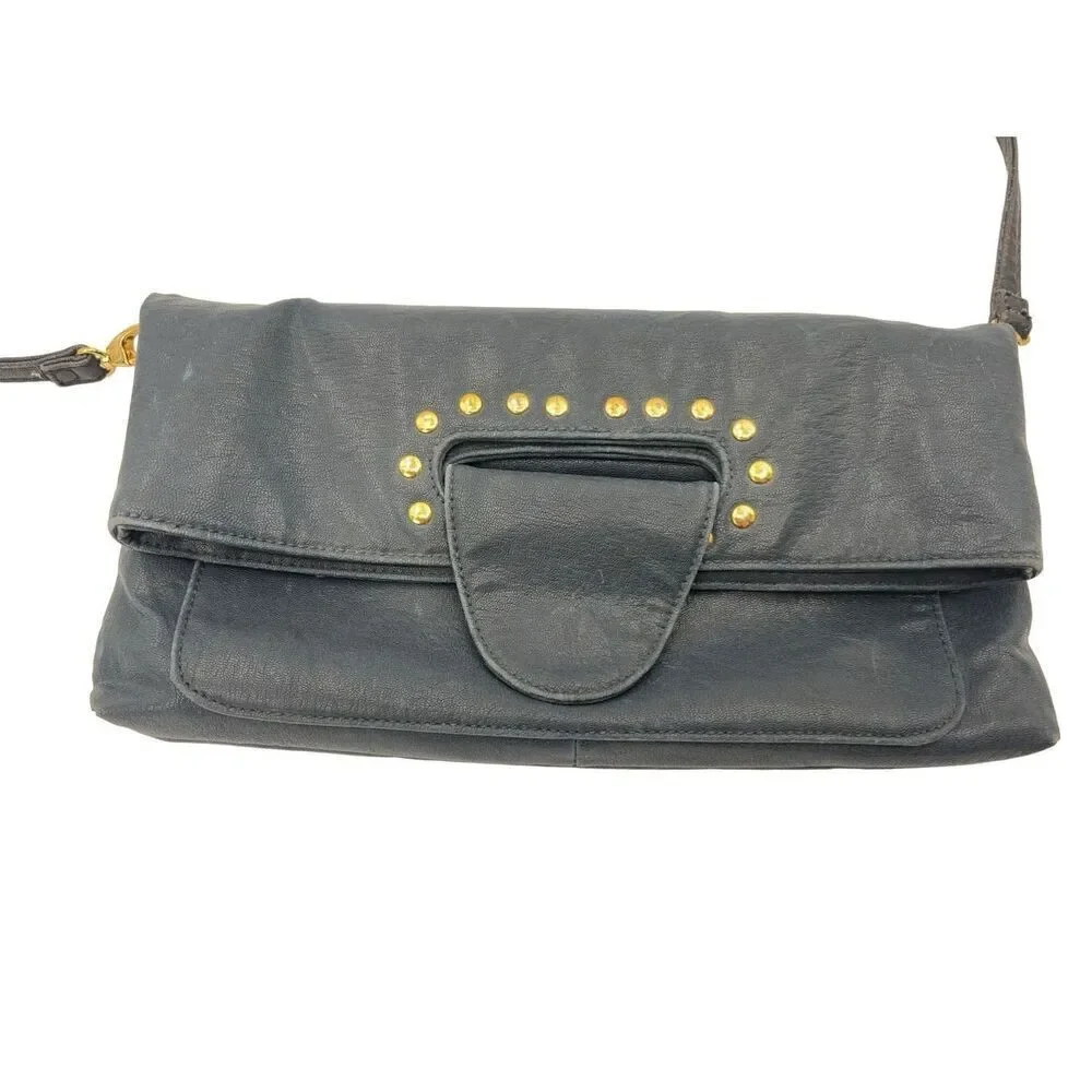 Vieta fashion navy blue vegan leather collapsible gold ￼ studded bag